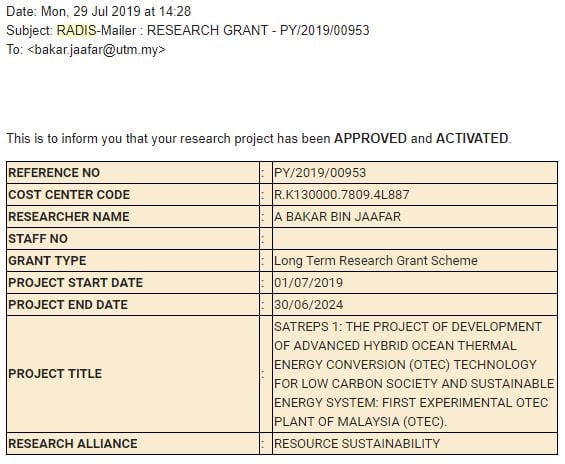 29 July 2019: SATREPS 1 Research Grant has been approved and activated in RADIS UTM