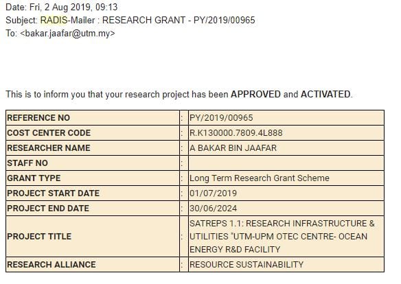 2 August 2019: SATREPS 1.1 Research Grant has been approved and activated in RADIS UTM
